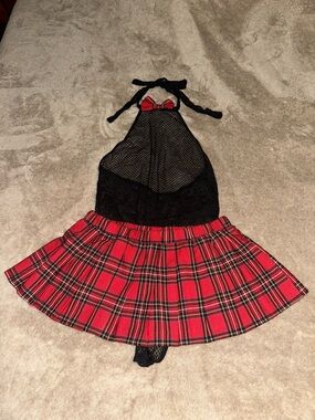 Sheer Black Fishnet Halter Playsuit with Red Bow and Plaid Skirt